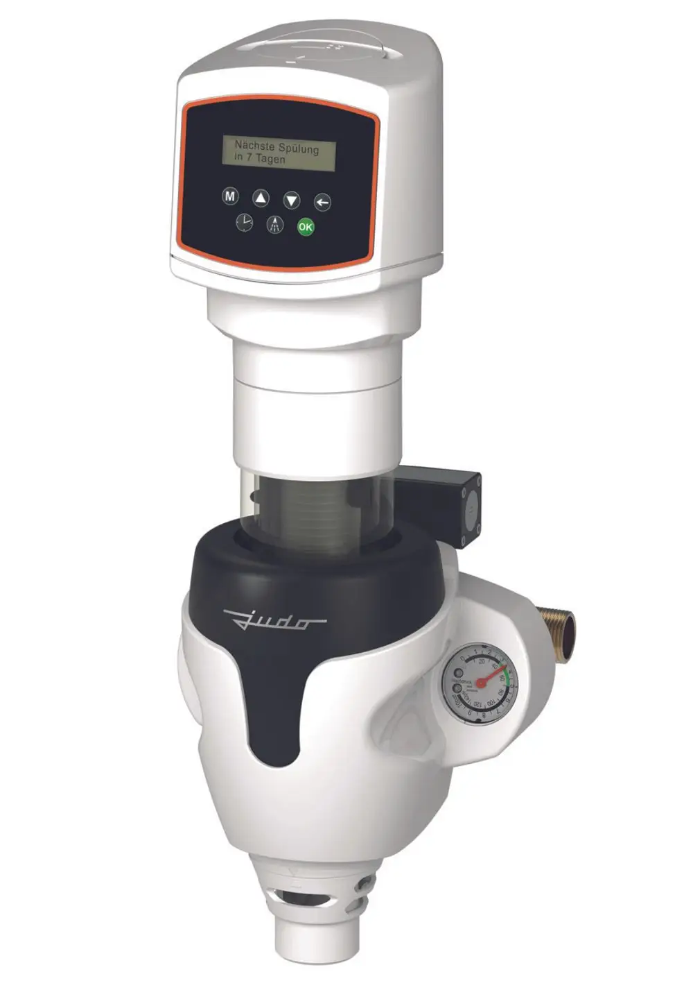 Automatischer Rückspülfilter von Judo mit digitalem Display und Druckanzeige. Die Installation erfolgt über Anschlüsse für Wasserleitungen.